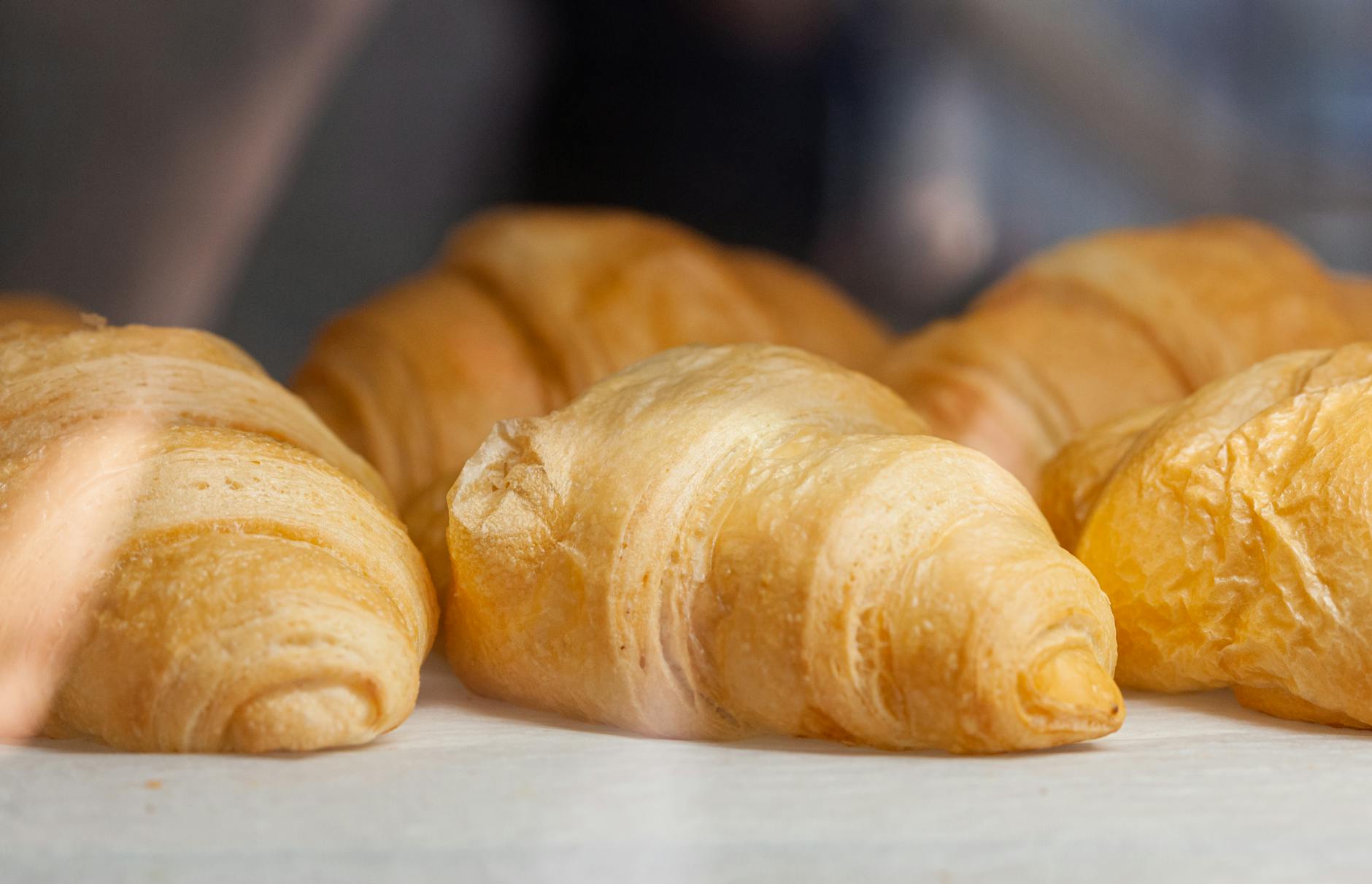 Fresh croissants with golden crust placed on a white counter